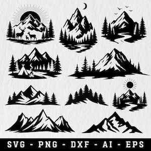以下が含まれることがあります： 白黒の山と森のシルエットデザインのコレクション。イラストには、山、木、川、テント、鹿、太陽または月が含まれています。画像の下部には、テキストが表示されています：SVG - PNG - DXF - AI - EPS.