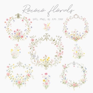May include: Watercolor floral designs featuring wreaths and bouquets in pastel colors. The image includes the text "Rococo florals" and file type information: SVG, PNG, AI, EPS, and DXF. The floral arrangements have pink, yellow, and blue flowers.