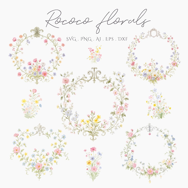 May include: Watercolor floral designs featuring wreaths and bouquets in pastel colors. The image includes the text "Rococo florals" and file type information: SVG, PNG, AI, EPS, and DXF. The floral arrangements have pink, yellow, and blue flowers.
