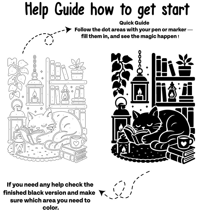 May include: A dot-to-dot coloring activity sheet featuring a cat reading a book surrounded by lanterns, plants, and bookshelves. The text reads: Help Guide how to get start, Quick Guide, Follow the dot areas with your pen or marker, and If you need any help check the finished black version and make sure which area you need to color.