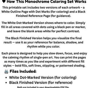 May include: A monochrome coloring set information sheet with black text on a white background. It explains a printable set including a White Outline Page with Dot Marks for coloring and a Black Finished Reference Page for guidance, detailing how to use the files.