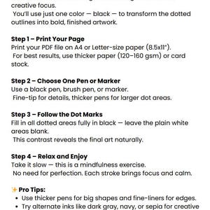 May include: A white page with the title "Monochrome Coloring Guide" and instructions for a coloring book. The guide details steps for printing, choosing a pen, following dot marks, and relaxing. It also includes pro tips for using different pens and inks.