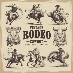 Paquete SVG vintage de vaquero de rodeo con escena de toro montando, archivo digital de arte occidental, descarga instantánea