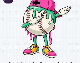 May include: A cartoon baseball character dabbing, wearing a pink cap and sneakers. The baseball is cream-colored with red stitching and green dripping paint. The text "Instant Download" is at the bottom.