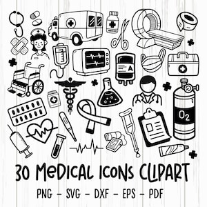 Puede incluir: Iconos médicos en blanco y negro, que incluyen un estetoscopio, pastillas, una enfermera, una ambulancia, una silla de ruedas, un monitor cardíaco, un maletín médico y un tanque de oxígeno. El texto de la imagen dice "30 Medical Icons Clipart" y "PNG - SVG - DXF - EPS - PDF."