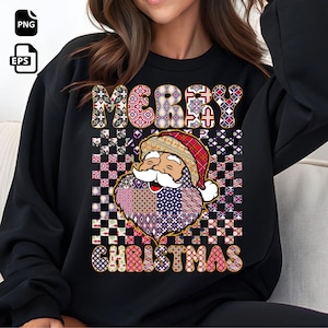May include: Black sweatshirt with a colorful Santa Claus graphic and the words "MERRY CHRISTMAS". The Santa graphic features a patchwork design with various patterns and colors, including red, purple, and white. The text is also in a patchwork style.