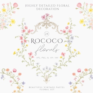 May include: A digital design showcasing a Rococo floral set in pastel hues. The image includes floral arrangements, decorative elements, and the text "ROCOCO florals". The text "HIGHLY DETAILED FLORAL DECORATION" and "BEAUTIFUL VINTAGE PASTEL FLORAL SET" are also included.
