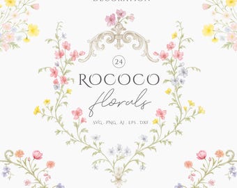 Clipart de boda con arte floral rococó en acuarela, marcos ornamentales reales victorianos vintage, descarga digital