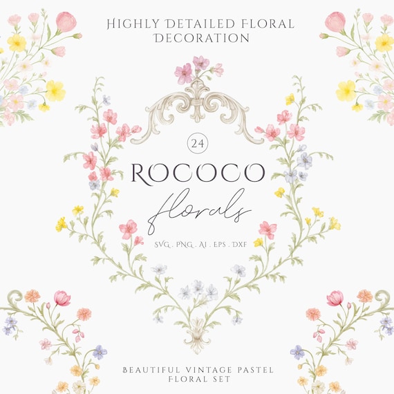 Watercolor Rococo Floral Line Art Wedding Clipart, Vintage Victorian Royal Ornamental Frames, Digital Download