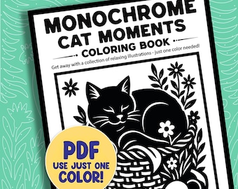 Monochrome Cat Coloring Book Pages, Funny Cat Moments Activity Printable Sheets PDF PNG