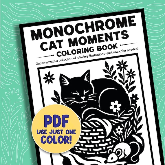 Monochrome Cat Coloring Book Pages, Funny Cat Moments Activity Printable Sheets PDF PNG