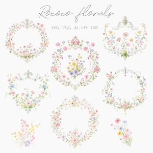 May include: A collection of Rococo florals in various shapes, including circles and ornate frames. The designs feature pastel-colored flowers in pink, blue, yellow, and white. Text at the top reads "Rococo florals" and below it "SVG. PNG. AI. EPS. DXF."