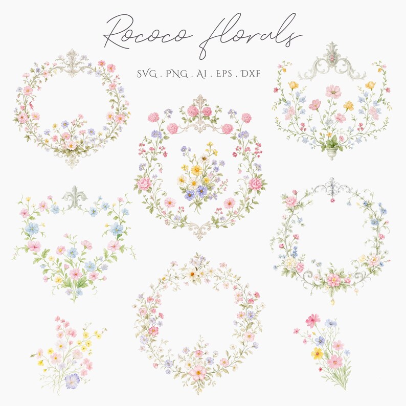 May include: A collection of Rococo florals in various shapes, including circles and ornate frames. The designs feature pastel-colored flowers in pink, blue, yellow, and white. Text at the top reads "Rococo florals" and below it "SVG. PNG. AI. EPS. DXF."