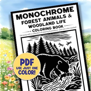 Monokrom målarbok, skogsliv skogsdjur enfärgat utskrivbart ark PDF PNG