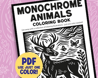 Monochrome Coloring Book Pages, Wild Animal Illustration Designs, One Color Printable Sheets PDF PNG