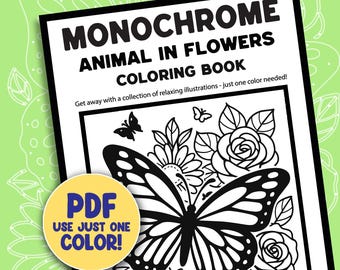 Botanical Flower Animal Monochrome Coloring Book Pages, Relaxing Forest Scene One Color Printable Sheets