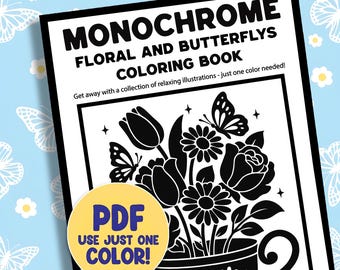 Floral Butterfly Monochrome Coloring Book Pages, Botanical Blooming Flower One Color Printable Sheet