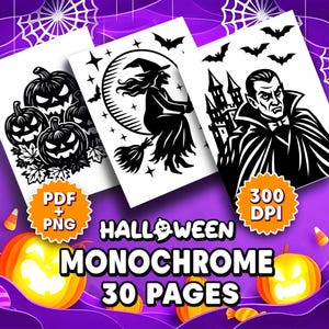 Może przedstawiać: Monochromatyczne wydruki artystyczne o tematyce Halloween z dyniami, czarownicą na miotle i wampirem. Wydruki są czarno-białe, z widocznymi słowami "PDF + PNG", "300 DPI" i "30 PAGES". Tło jest fioletowe z elementami dekoracyjnymi.