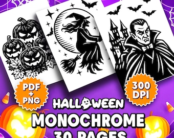 May include: Halloween-themed monochrome art prints featuring pumpkins, a witch on a broom, and a vampire. The prints are in black and white, with the words "PDF + PNG", "300 DPI", and "30 PAGES" visible. The background is purple with decorative elements.