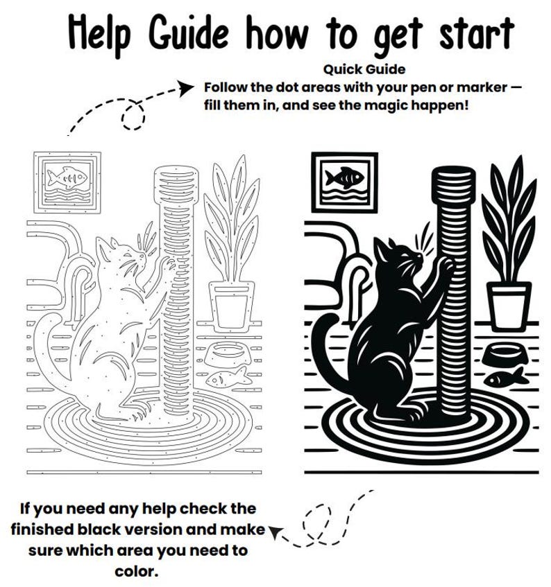 May include: Black and white illustration of a cat scratching post, with a guide on how to color it. The text reads "Help Guide how to get start" and "Follow the dot areas with your pen or marker - fill them in, and see the magic happen!"