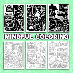 May include: Six coloring pages featuring black and white illustrations of cozy scenes with bunnies and a cat reading books in rooms with bookshelves, plants, and tea. The text MINDFUL COLORING is centered below the top row of three bold designs.