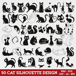 Könnte beinhalten: Eine Sammlung von 50 schwarzen Katzen-Silhouetten in verschiedenen Posen. Die Designs zeigen Katzen beim Sitzen, Stehen und Spielen, einige mit Brille oder Gegenständen. Der Text "50 CAT SILHOUETTE DESIGN" befindet sich unten.