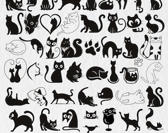 Può includere: Una collezione di 50 silhouette di gatti neri in varie pose. I disegni includono gatti seduti, in piedi e che giocano, alcuni con occhiali o che tengono oggetti. Il testo "50 CAT SILHOUETTE DESIGN" è in basso.