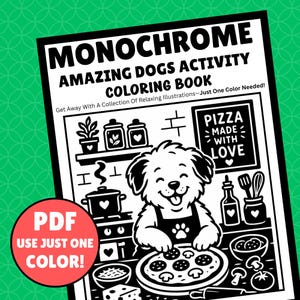 Dog Activity Monochrome Coloring Book Pages, Fun Puppy Kitchen Pizza Scenes, One Color Printable Sheets PDF PNG