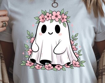 Bloemen schattig spook png, leuk halloween-shirtontwerp, spookachtige geest-sublimatie png, halloween-png, minispook met roze bloemen digitale png