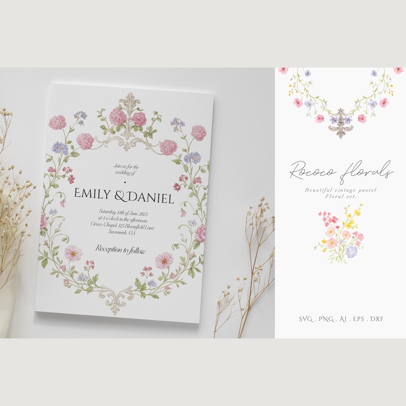 May include: A white wedding invitation with floral accents. The invitation features the names "EMILY & DANIEL" and event details. A matching floral design is on the right. The words "Rococo florals" are also visible.