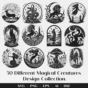 Förtrollade magiska varelser SVG, mystiska mytologiska fantasivarelser Clipart Eps, PNG, Dxf, digital nedladdning