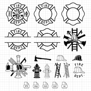 Puede incluir: Una colección de gráficos en blanco y negro con temática de bomberos. Los diseños incluyen cruces de Malta, cascos, hachas, escaleras e hidrantes. Los elementos de texto dicen "FIRE" y "DEPT.". También hay iconos de tipo de archivo para EPS, PNG, SVG, DXF y AI.