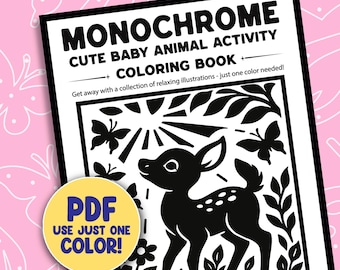 Baby Animal Monochrome Coloring Pages, Stress Relieving One Color Printable Sheet PDF PNG