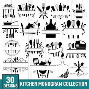 Könnte beinhalten: Eine Sammlung von 30 schwarzen Küchenmonogramm-Designs mit verschiedenen Utensilien, Schneidebrettern und dekorativen Elementen. Die Designs werden auf einem weißen Holzgrund dargestellt, mit dem Text "30 DESIGNS KITCHEN MONOGRAM COLLECTION" in einer türkisfarbenen Box.