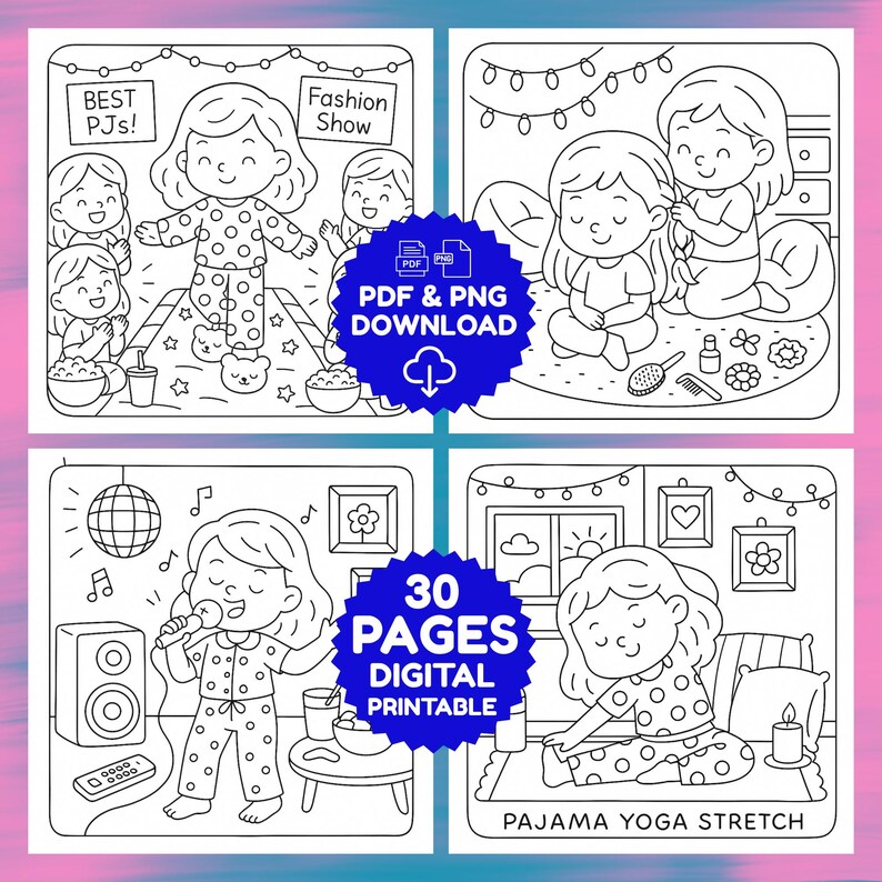 Pajama Party Coloring Pages Bold & Easy, Sleepovers, Movies, Popcorn ...