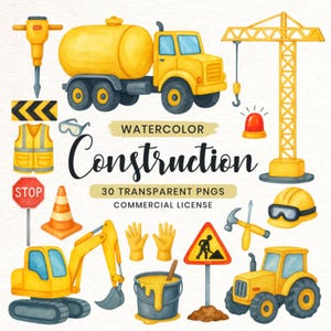 May include: Watercolor illustration of construction equipment and tools. Includes a yellow truck, crane, excavator, tractor, and various safety items. The text "Watercolor Construction" is displayed.