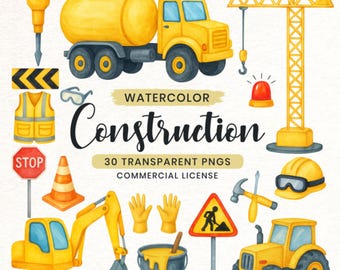 Watercolor Construction Vehicles Clipart, Dump Truck, Excavator, Nursery Birthday Party Decor PNG Digital Download