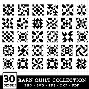 May include: A collection of 30 black and white barn quilt designs. Each design features geometric patterns of squares, triangles, and diamonds. The text "BARN QUILT COLLECTION" is displayed below the designs, along with file type options.