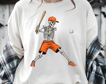 Skeleton Play Baseball PNG: Spooky Halloween Sports Design (Digital Instant Download)