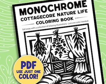 Cottagecore Nature Life Monochrome Coloring Pages, Relaxing Landscape One Color Printable Sheets PDF PNG
