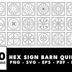 May include: A collection of 30 black and white hex sign barn quilt designs arranged in a grid. The image features various geometric, floral, and star patterns within circular frames. Text at the bottom reads 30 HEX SIGN BARN QUILTS VOL 12.