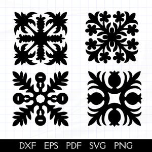 May include: Four black square designs with intricate floral and geometric patterns. The designs include stylized flowers, leaves, and symmetrical arrangements. The bottom of the image displays file format options: DXF, EPS, PDF, SVG, and PNG.