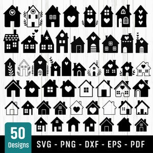 May include: A collection of 50 black and white house designs. Each house features unique details like hearts, windows, and floral accents. The image includes the text "50 Designs" and file type options: SVG, PNG, DXF, EPS, and PDF.