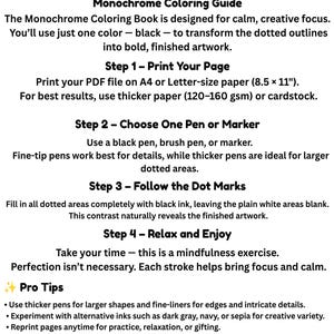 May include: A monochrome coloring guide with black text on a white background. It outlines four steps for using a black pen or marker to fill in dotted areas on A4 or 8.5 x 11 inch paper, plus a section for pro tips on pen selection and ink colors.