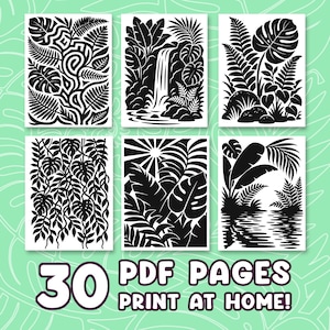 May include: A collection of six black and white botanical art prints featuring various tropical plant designs, including ferns, waterfalls, and large leaves. The prints are arranged in a grid, with the text "30 PDF PAGES PRINT AT HOME!" at the bottom.