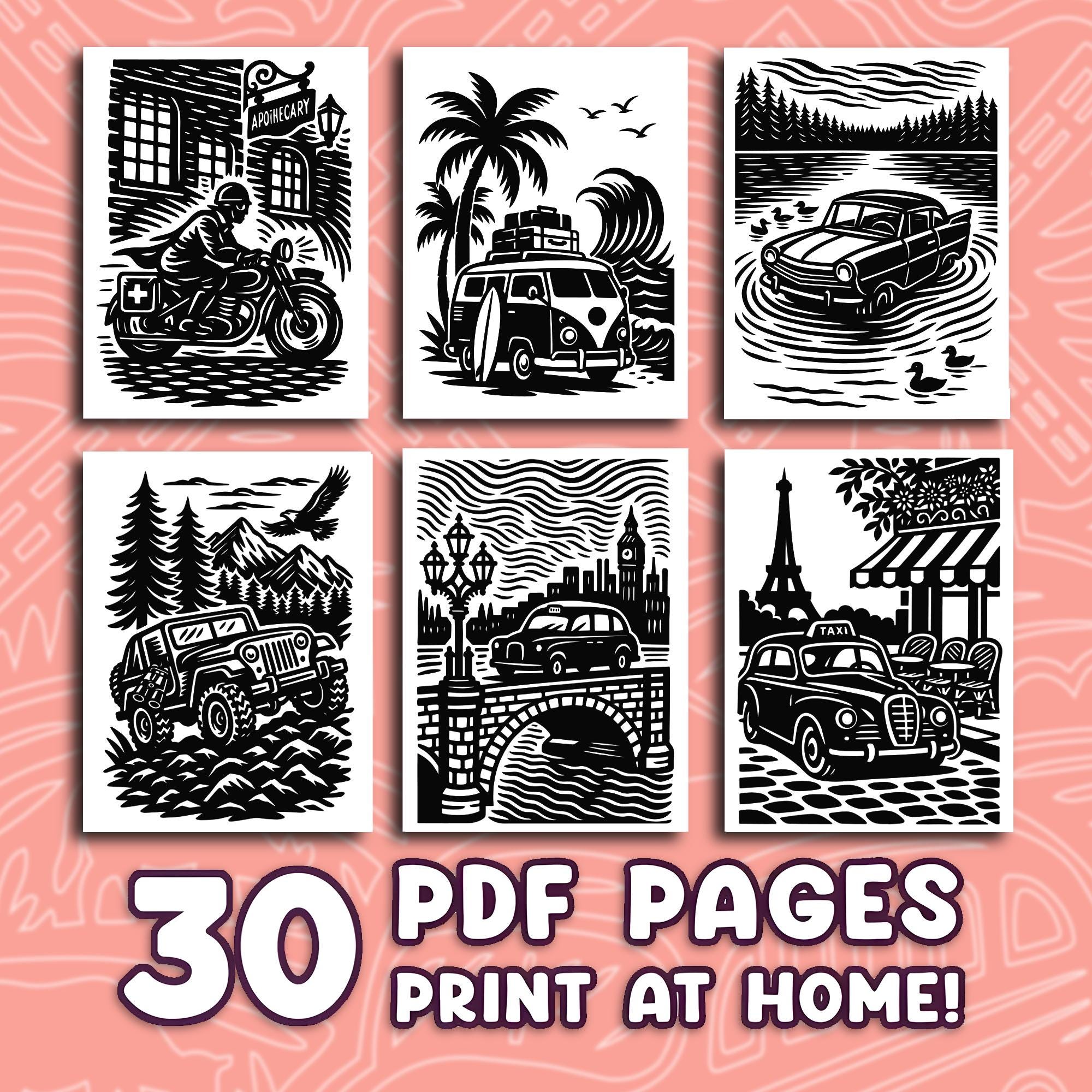 Monochrome Vintage Cars Coloring Book PDF, One-color Retro Classic Car ...