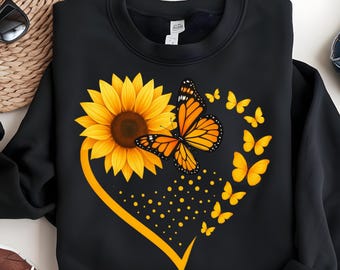 Butterfly Sunflower Heart Frame PNG: Rustic Western Yellow Sunflower Digital Design (Instant Download)