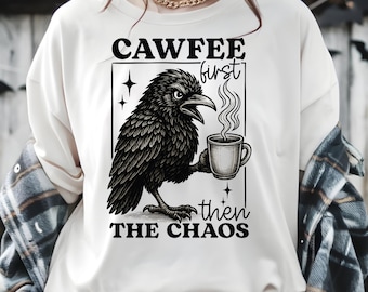 Gothic Raven Coffee Cup PNG: Dark Humor Caffeine Design (Digital Instant Download)