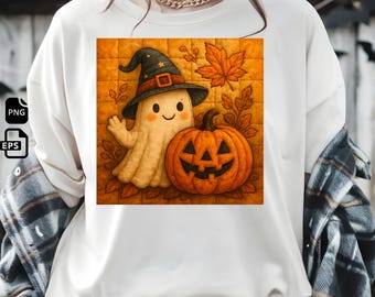 Vintage Halloween Patchwork Ghost PNG: Pumpkin Design (Digital Download)