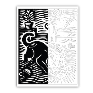 May include: Black and white art print featuring a cat playing with a ball of yarn. The artwork is split vertically, with a black and white contrast. The left side shows a black cat and a ball of yarn, while the right side shows the cat in white.